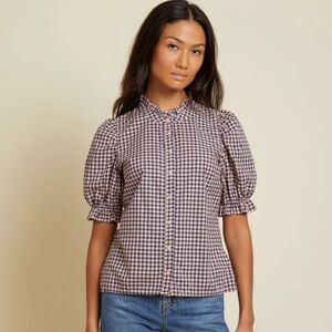 Nation Ltd Suzette Blouse puff sleeve ruffle neck Pima Cotton button up top Sz L